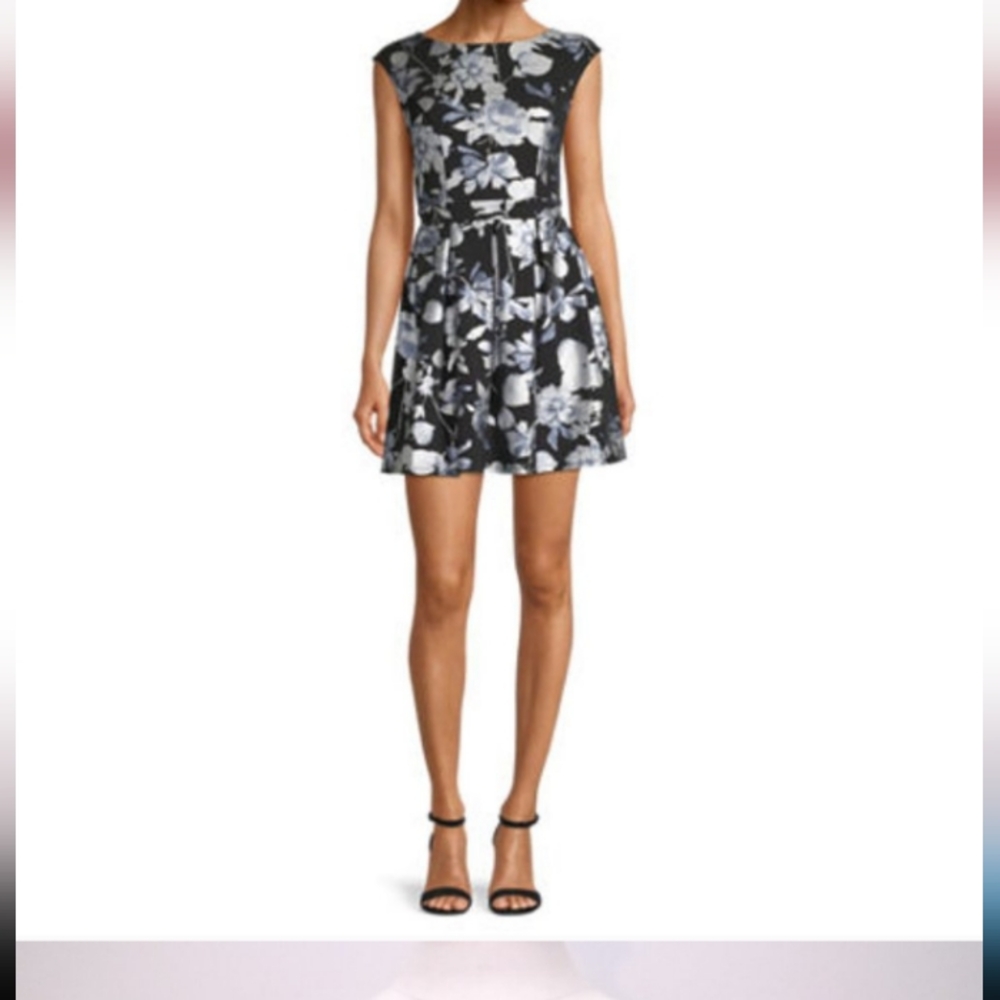 B. Smart Sleeveless Black & Silver Floral Fit & Flare Teen Dress